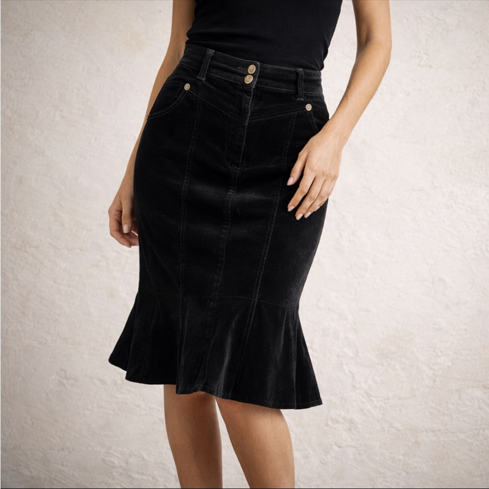 Y2K Mermaid Velvet Knee Lenght Skirt Sculpted Panel Tailored Sz 28 Cappopera